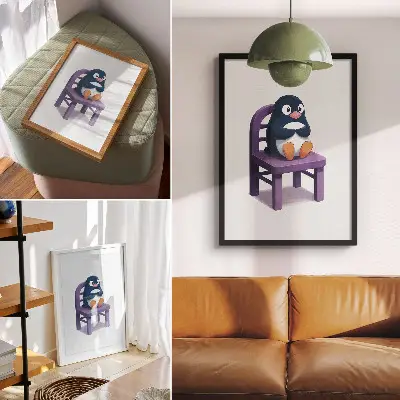 Wandposter lila Pinguin auf einem Stuhl im minimalistischen Stil