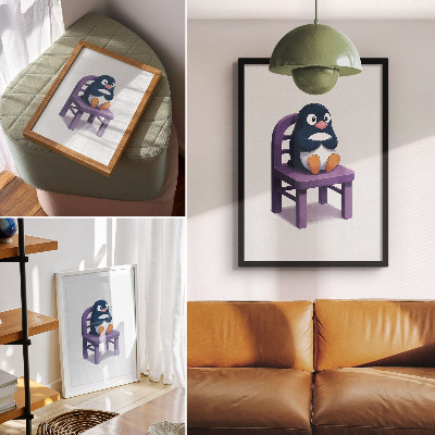 Wandposter Lila Pinguin auf einem Stuhl – Minimalismus der Freude