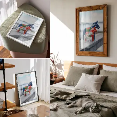 Leinwand-Kunstdruck mit bunten Pferdefiguren im skandinavischen Stil