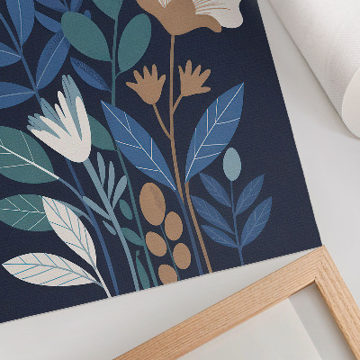 Wandposter Blaue Blätter, cremefarbene Blüten, braune Akzente
