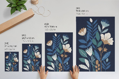 Wandposter Blaue Blätter, cremefarbene Blüten, braune Akzente