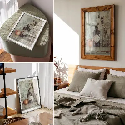 Kunstdruck auf Leinwand mit einer Flasche und Blumenmuster im Hintergrund