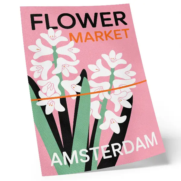 Wandposter mit weißen Blüten, rosa Schrift und grünem Kontrast