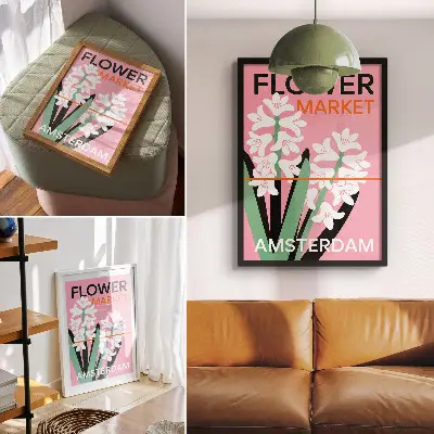 Wandposter mit weißen Blüten, rosa Schrift und grünem Kontrast