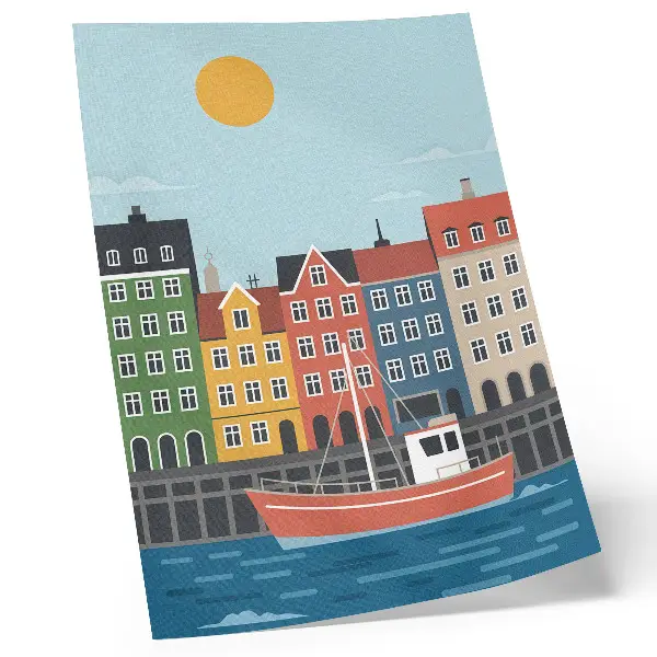 Kunstdruck auf Leinwand bunte Mietshäuser mit Boot auf dem Wasser an einem hellen Tag