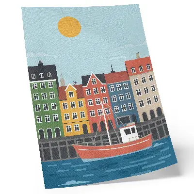 Kunstdruck auf Leinwand bunte Mietshäuser mit Boot auf dem Wasser an einem hellen Tag