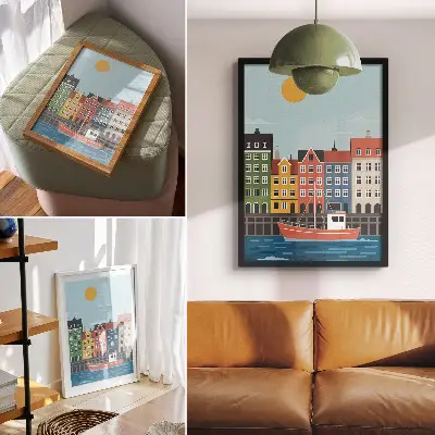 Kunstdruck auf Leinwand bunte Mietshäuser mit Boot auf dem Wasser an einem hellen Tag