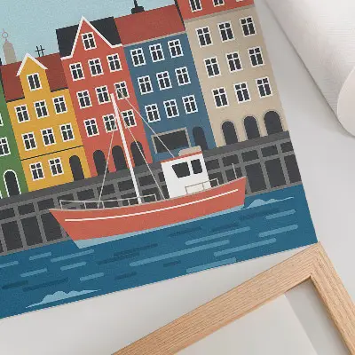 Kunstdruck auf Leinwand bunte Mietshäuser mit Boot auf dem Wasser an einem hellen Tag