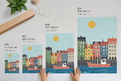 Kunstdruck auf Leinwand bunte Mietshäuser mit Boot auf dem Wasser an einem hellen Tag