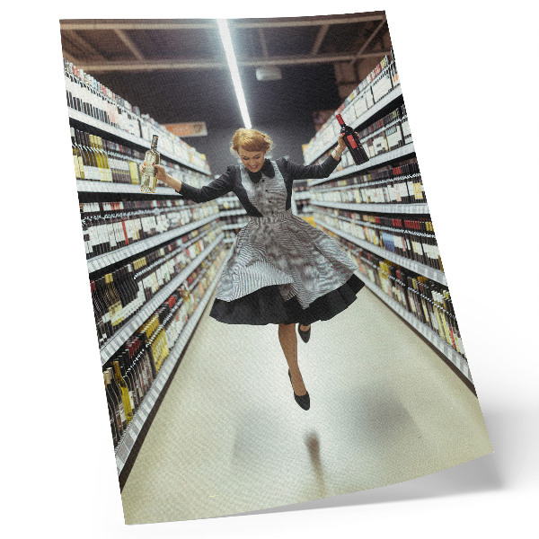 Wandposter Eine Frau in einem Retro-Kleid springt in einem Geschäft