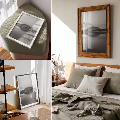 Leinwand Kunstdruck mit Bergen in Grautönen und Spiegelung im See für eine harmonische Atmosphäre