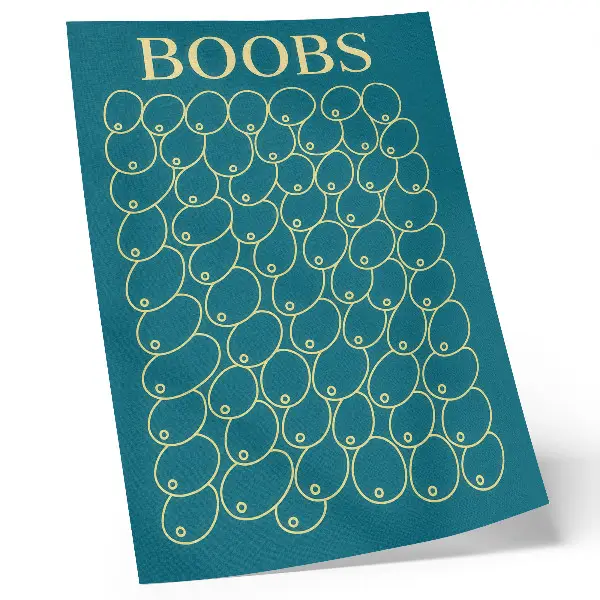 Poster mit Kurven in Gelbtönen auf türkisfarbenem Hintergrund