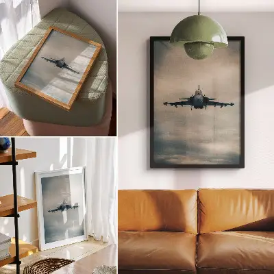 Wandposter schwarzweißes Bild eines Kampfjets im Flug