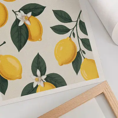 Kunstdruck auf Leinwand mit saftigen Zitronen und grünen Blättern auf cremefarbenem Hintergrund