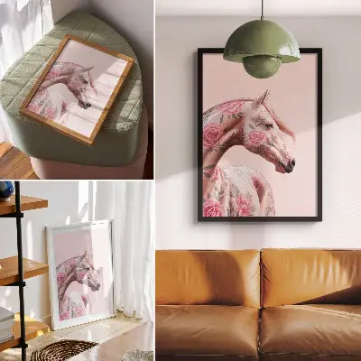 Leinwand Kunstdruck Pferd mit Blumen in romantischem und modernem Design