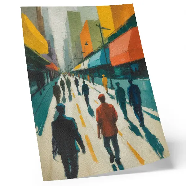Wandposter eine Gruppe von Menschen auf einer farbenfrohen Stadtstraße