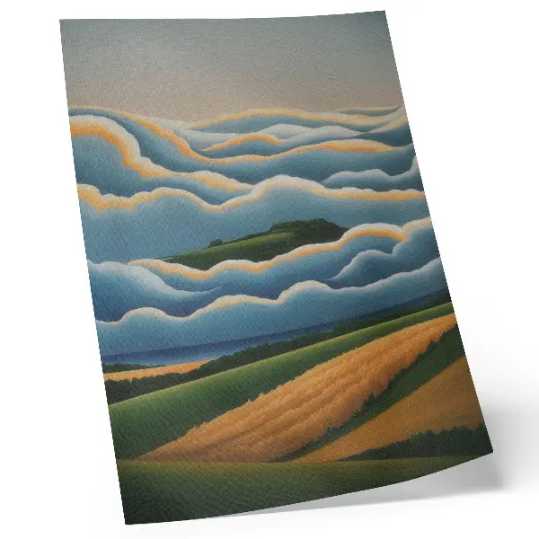 Wandposter mit Wellen, grünen Hügeln und pastellfarbenem Himmel