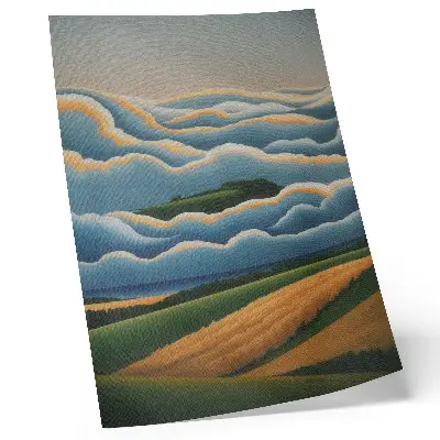 Wandposter mit Wellen, grünen Hügeln und pastellfarbenem Himmel