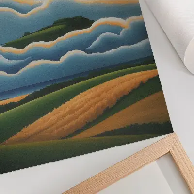 Wandposter mit Wellen, grünen Hügeln und pastellfarbenem Himmel