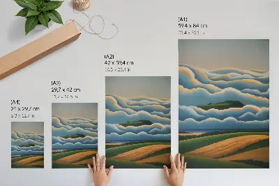 Wandposter mit Wellen, grünen Hügeln und pastellfarbenem Himmel