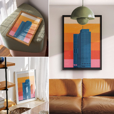Wandposter Modernes Gebäude vor orangefarbenem und rosa Hintergrund