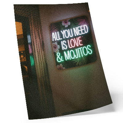 Kunstdruck leinwand Neonbuchstaben, tropische Blätter, leuchtende Farben, Sommer