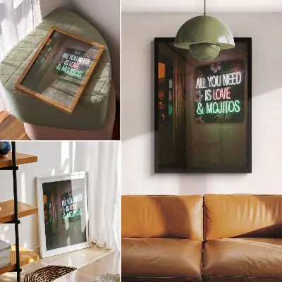 Leinwand Kunstdruck mit Neonbuchstaben und tropischen Blättern in leuchtenden Sommerfarben