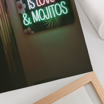 Kunstdruck leinwand Neonbuchstaben, tropische Blätter, leuchtende Farben, Sommer