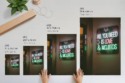 Leinwand Kunstdruck mit Neonbuchstaben und tropischen Blättern in leuchtenden Sommerfarben