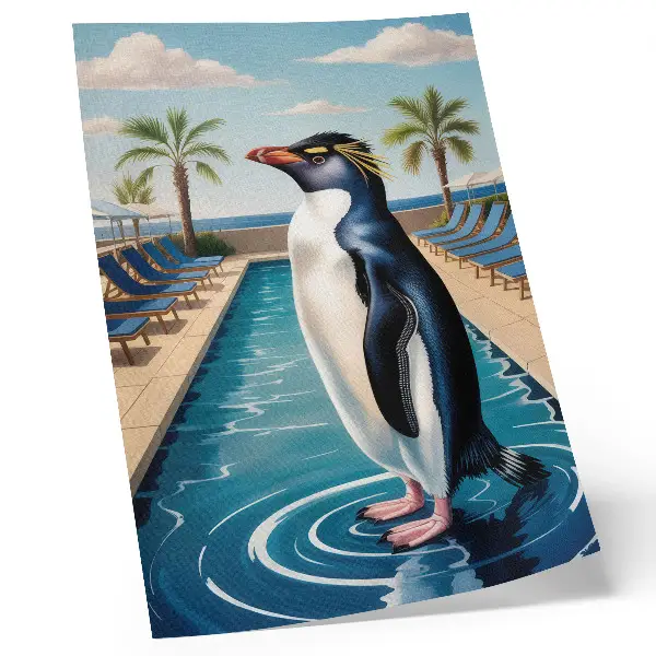 Poster Pinguinpool, Palmen und Meer zur Entspannung