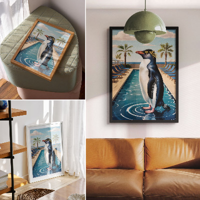 Poster Pinguinpool, Palmen, Meer – Entspannung