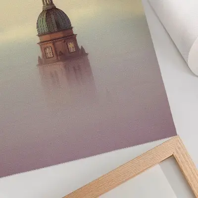 Wandposter Turm im Nebel in zarten Farben mit friedvoller Komposition