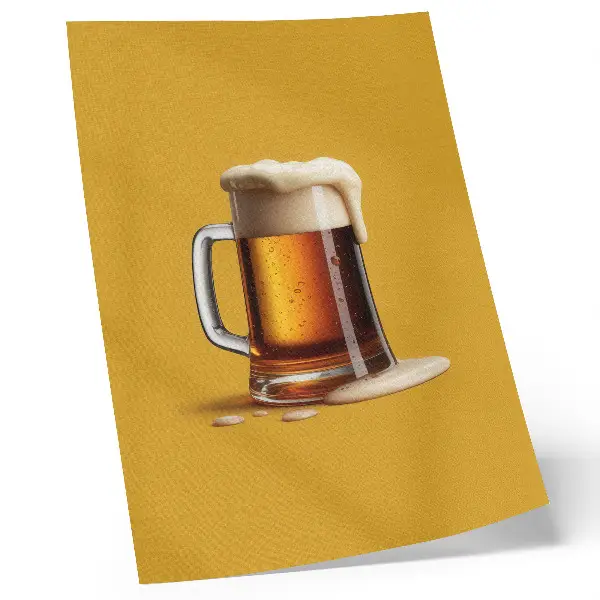 Wandposter eine Tasse mit bernsteinfarbenem Getränk, gelber Hintergrund und cremiger Schaum