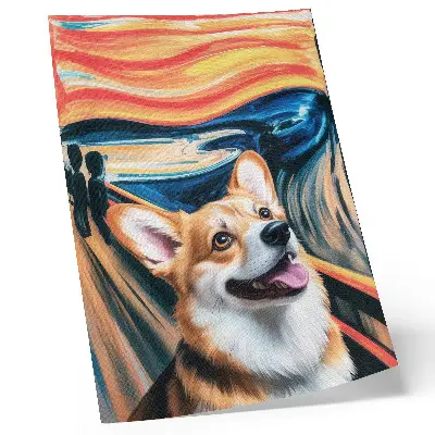 Kunstdruck auf Leinwand mit Motiv von einem süßen Hund in dynamischen Farben und kräftigen Kontrasten