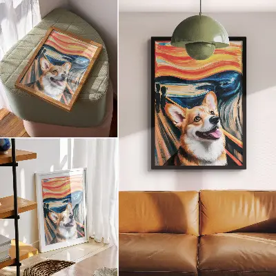 Kunstdruck auf Leinwand mit Motiv von einem süßen Hund in dynamischen Farben und kräftigen Kontrasten