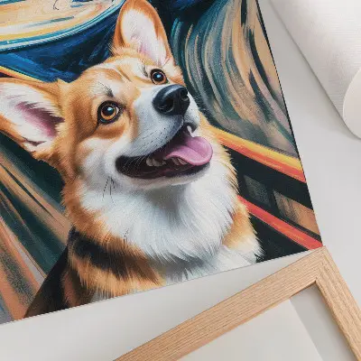 Kunstdruck auf Leinwand mit Motiv von einem süßen Hund in dynamischen Farben und kräftigen Kontrasten