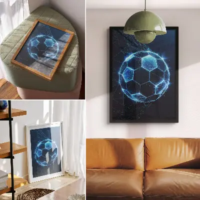 Kunstdruck auf Leinwand mit digitaler Kugel, geometrischen Linien und Lichteffekten