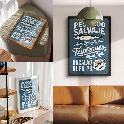 Wandposter mit Retro-Fischmotiv und Inschriften auf blauem Hintergrund