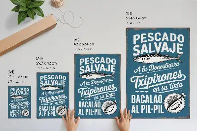 Wandposter mit Retro-Fischmotiv und Inschriften auf blauem Hintergrund