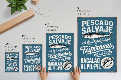 Wandposter Retro-Fischmotiv und Inschriften auf blauem Hintergrund