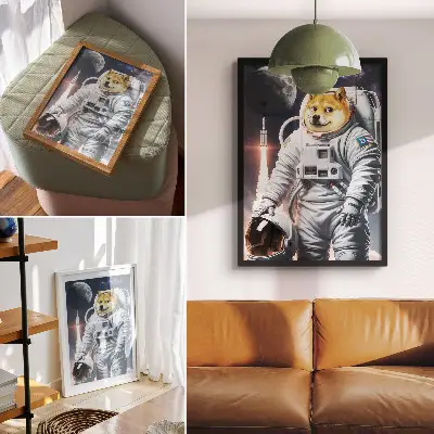 Poster Hund im Raumanzug mit Weltraumrakete und Mondanzug