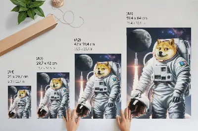 Poster Hund im Raumanzug mit Weltraumrakete und Mondanzug