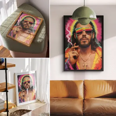 Kunstdruck auf Leinwand mit intensiven Farben und kontrastierenden Retromustern
