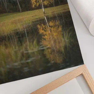 Poster ein goldener Baum vor einem dunklen Wald und einem See