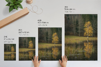 Poster Ein goldener Baum vor dem Hintergrund eines dunklen Waldes und eines Sees