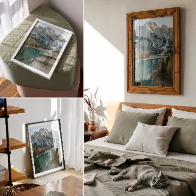 Wandposter mit Motiv von Bergen, Wald, See, Spiegelungen und bunten Bäumen