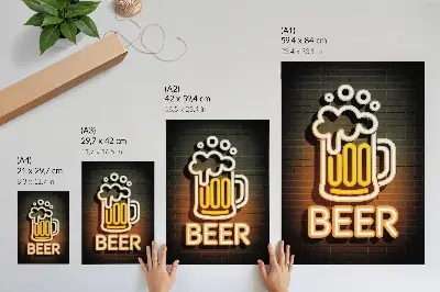 Wandposter Neonbecher weiß mit gelber Schrift vor Ziegelsteinwand