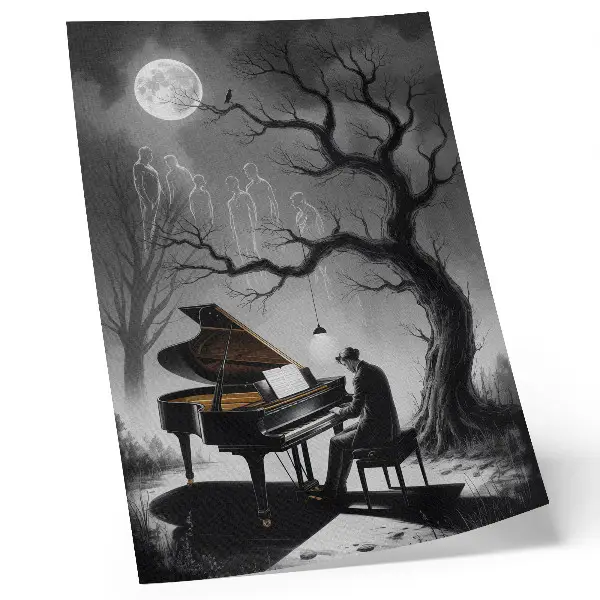 Wandposter mit gedämpften Farben und einem Motiv von Geistern, Klavier und Mond