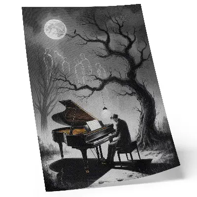 Wandposter mit gedämpften Farben und einem Motiv von Geistern, Klavier und Mond