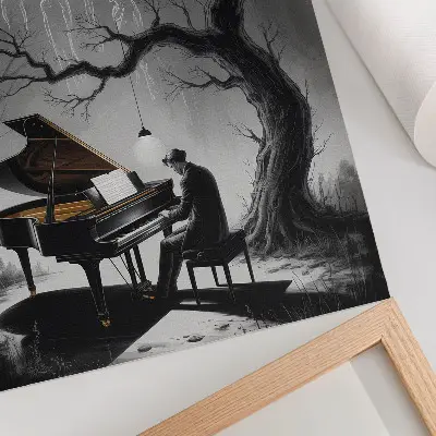 Wandposter mit gedämpften Farben und einem Motiv von Geistern, Klavier und Mond